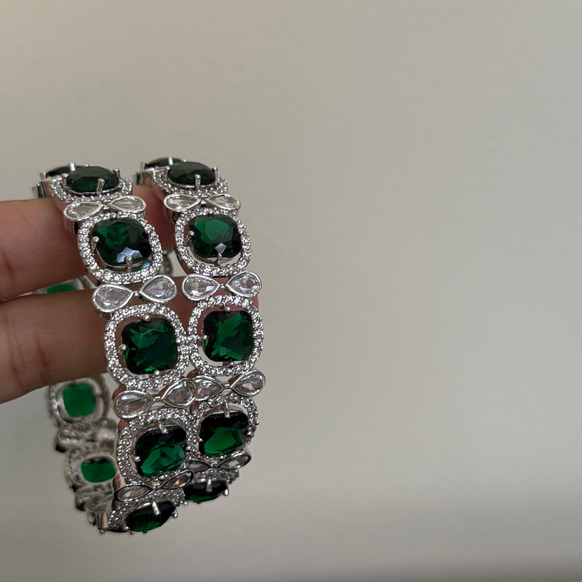 Royal Emerald Silver American Diamond Bridal Bangle Set - Vinni’s Jewelry