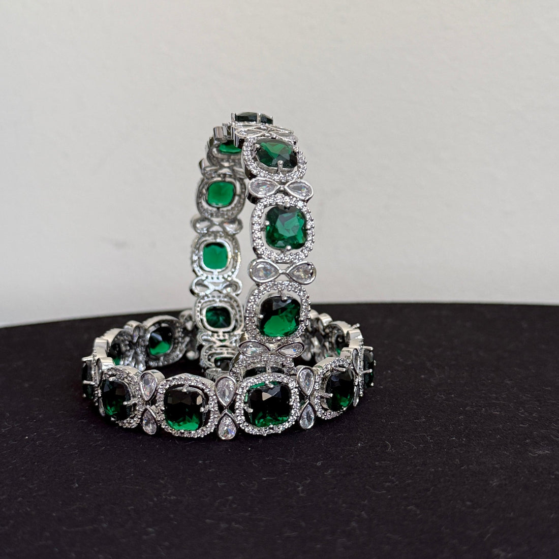 Royal Emerald Silver American Diamond Bridal Bangle Set - Vinni’s Jewelry