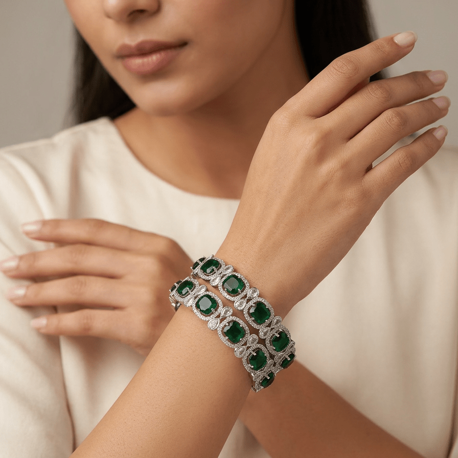 Royal Emerald Silver American Diamond Bridal Bangle Set - Vinni’s Jewelry