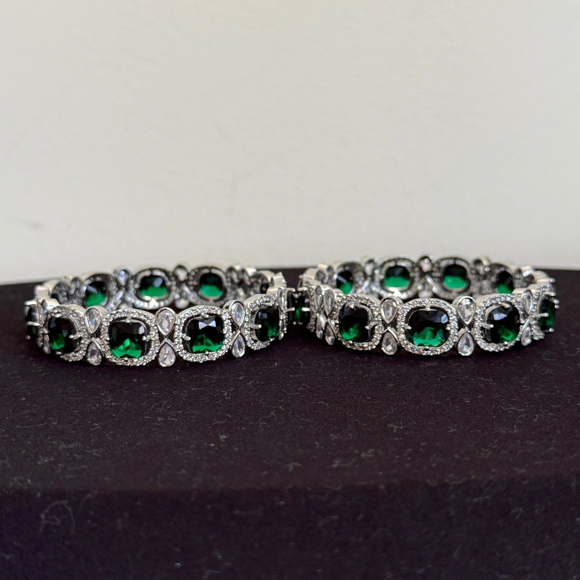 Royal Emerald Silver American Diamond Bridal Bangle Set - Vinni’s Jewelry
