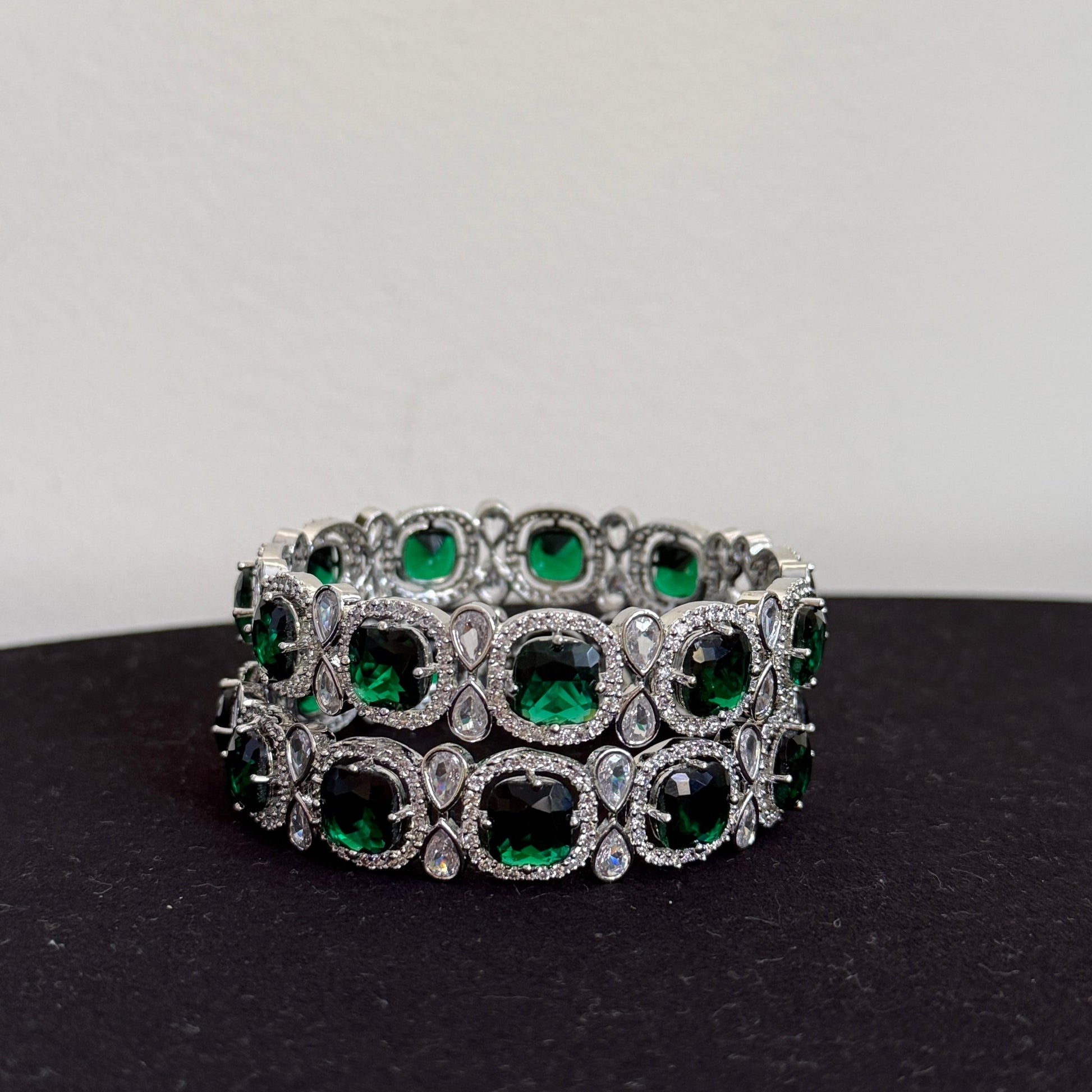 Royal Emerald Silver American Diamond Bridal Bangle Set - Vinni’s Jewelry