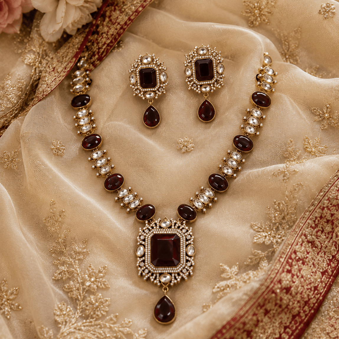 Royal Garnet Kundan Necklace Set – Bridal Edition - Vinni’s Jewelry