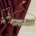 Royal Green Kundan Choker Necklace Set with Pearl Clusters and Mint Bead Drops - Vinni’s Jewelry