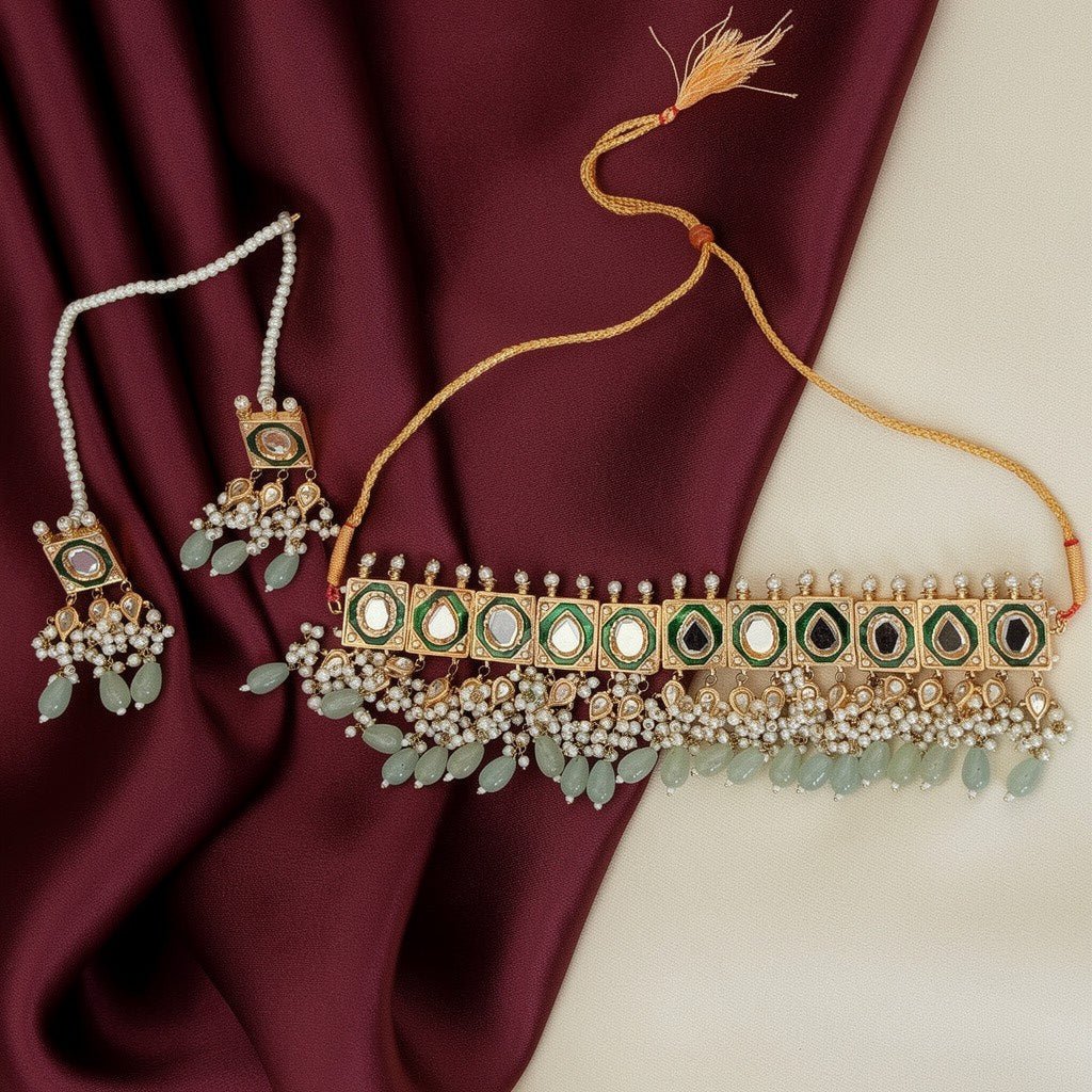 Royal Green Kundan Choker Necklace Set with Pearl Clusters and Mint Bead Drops - Vinni’s Jewelry