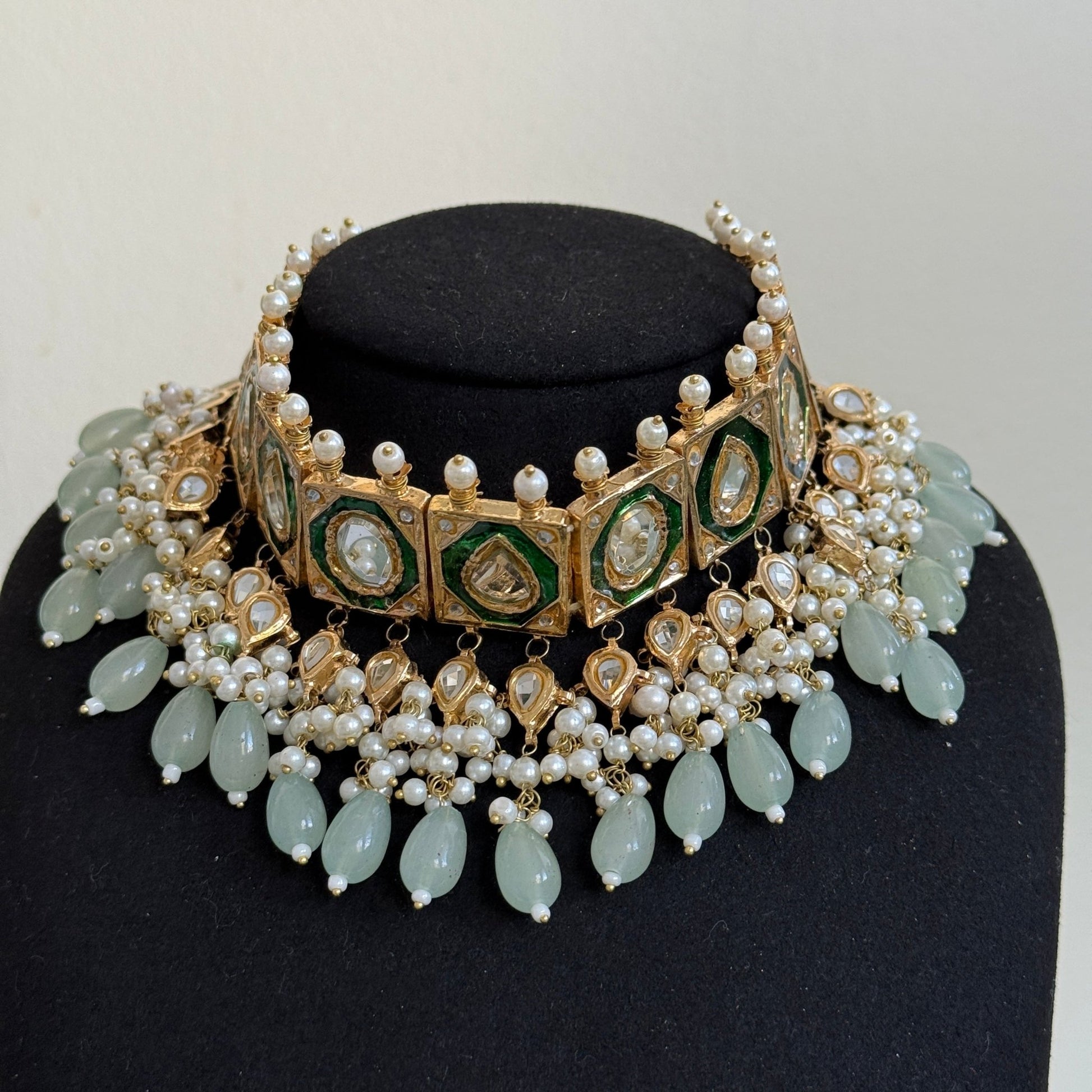Royal Green Kundan Choker Necklace Set with Pearl Clusters and Mint Bead Drops - Vinni’s Jewelry
