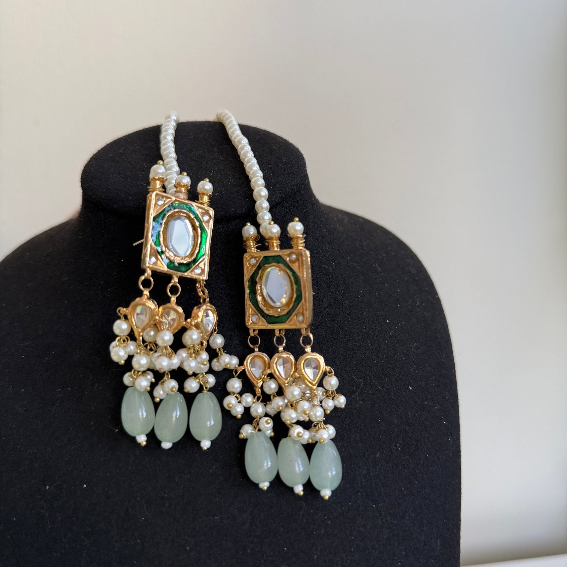 Royal Green Kundan Choker Necklace Set with Pearl Clusters and Mint Bead Drops - Vinni’s Jewelry