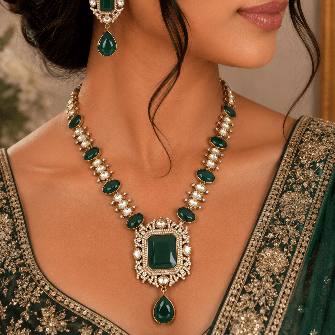 Royal Heritage Emerald Necklace Set – Kundan Detailing - Vinni’s Jewelry