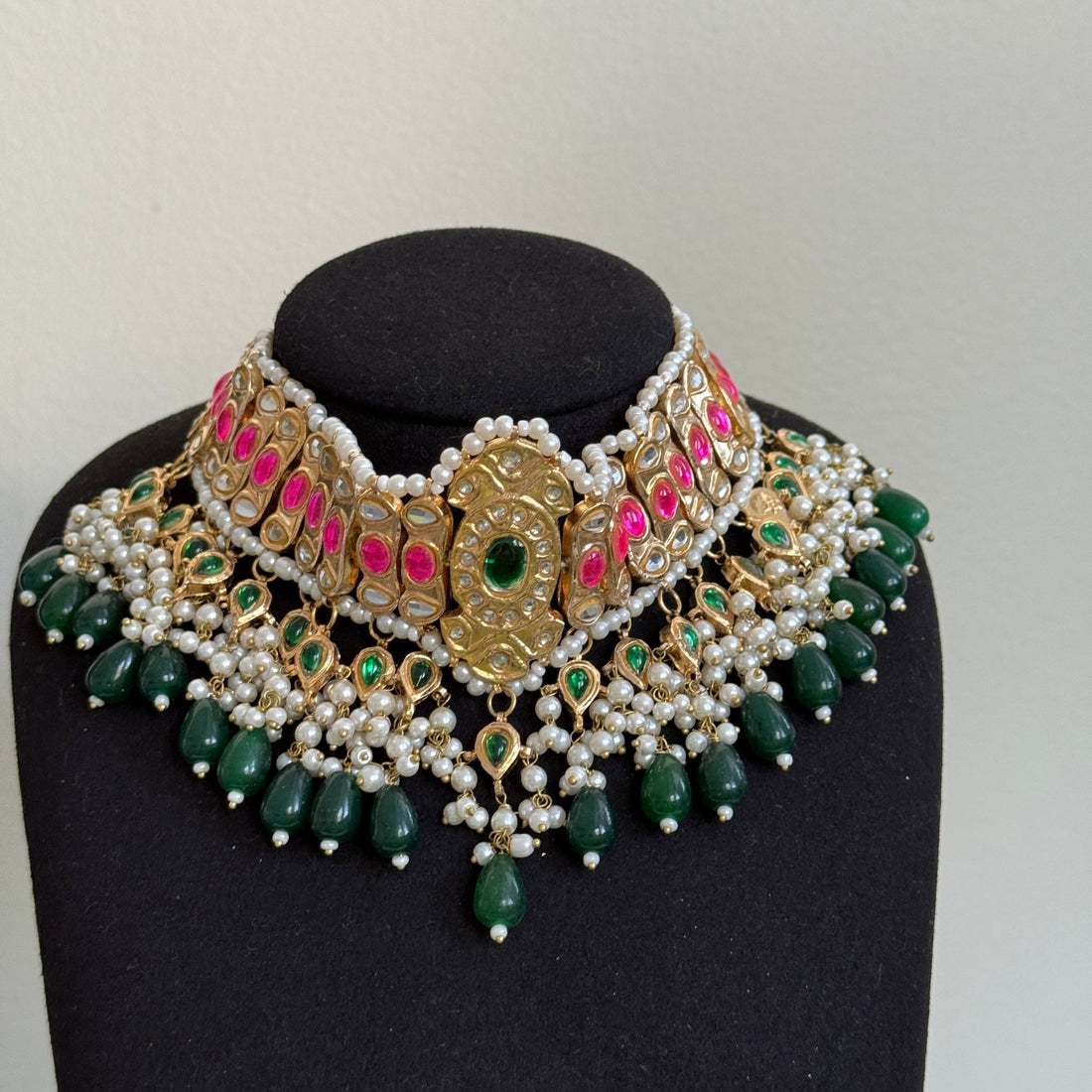 Royal Kundan Pearl Choker Necklace Set with Emerald Drops - Vinni’s Jewelry