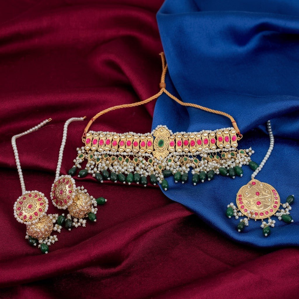 Royal Kundan Pearl Choker Necklace Set with Emerald Drops - Vinni’s Jewelry
