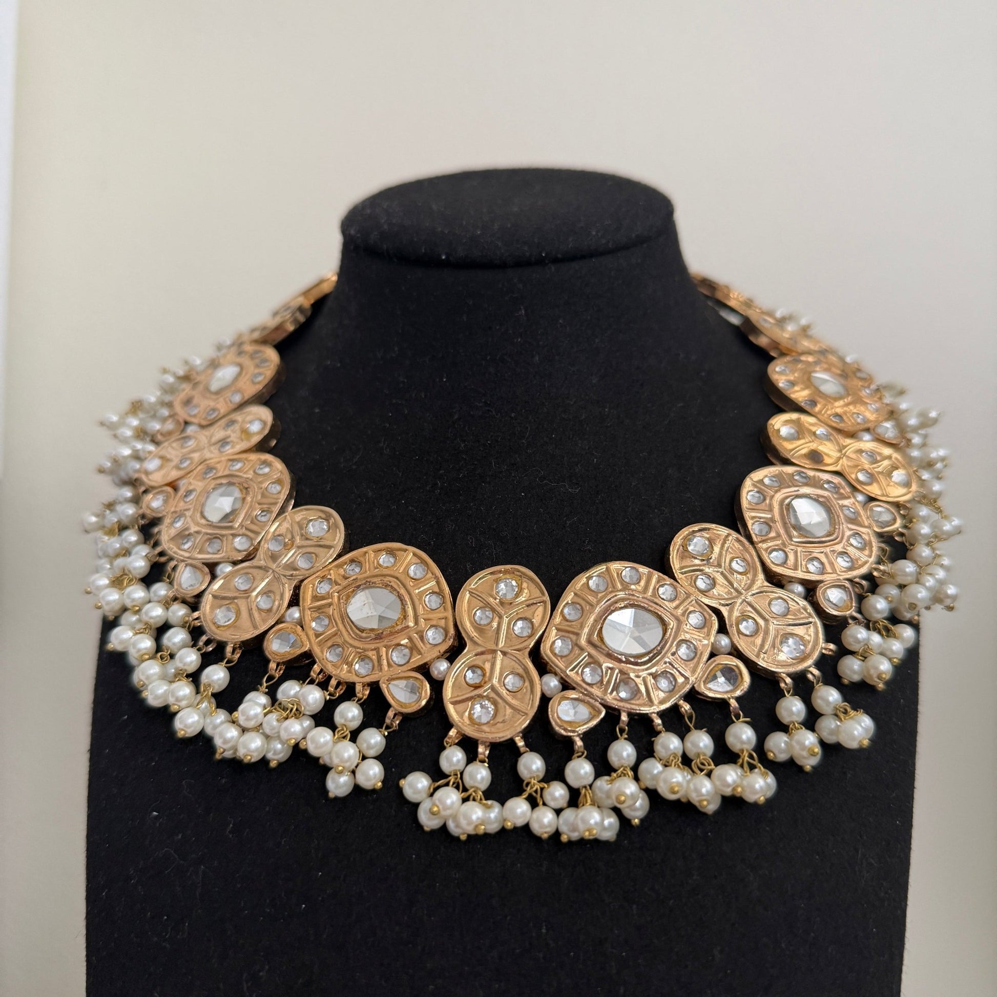 Royal Polki Pearl Bridal Choker Set with Earrings and Maang Tikka - Vinni’s Jewelry