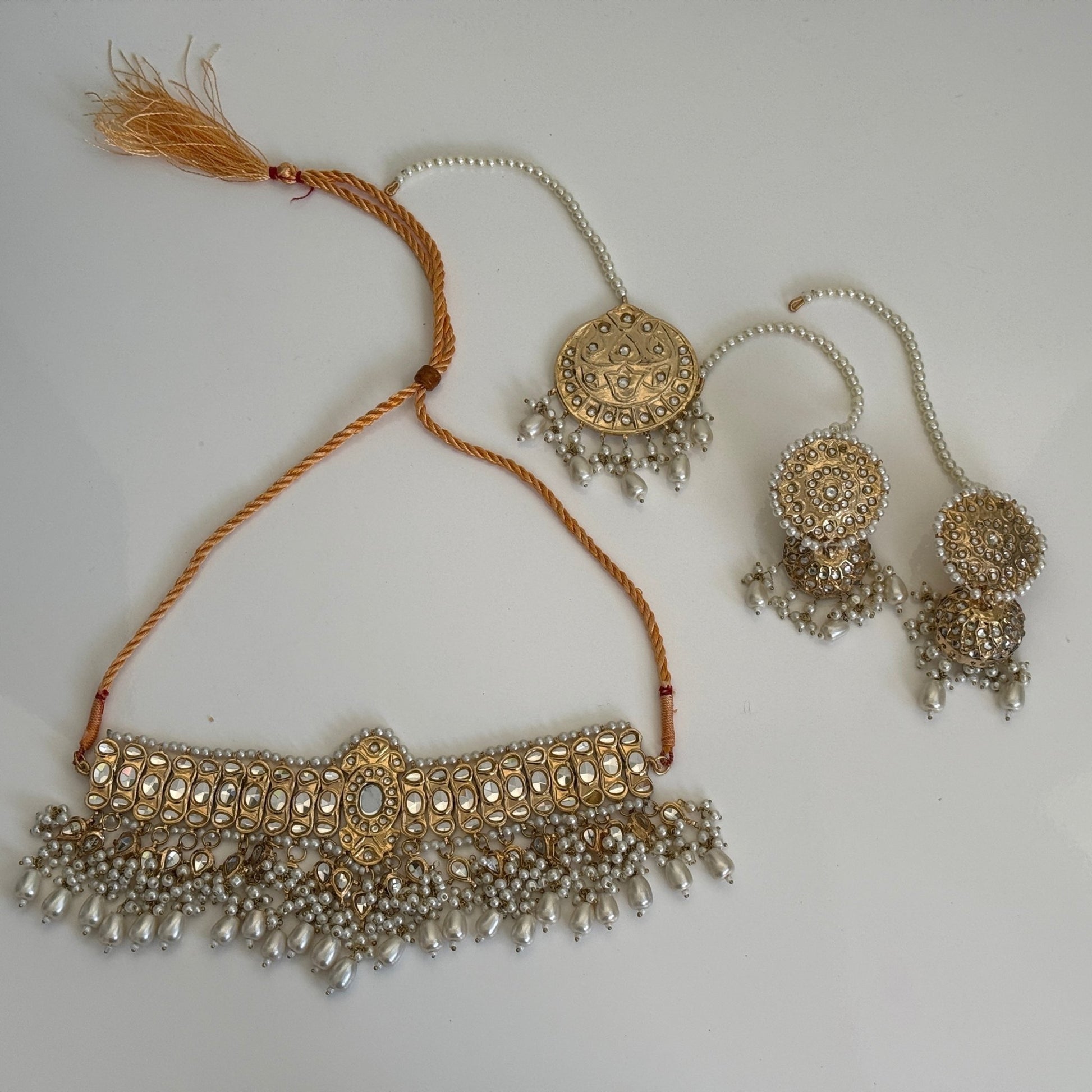 Royal Polki Pearl Bridal Choker Set with Earrings and Maang Tikka - Vinni’s Jewelry