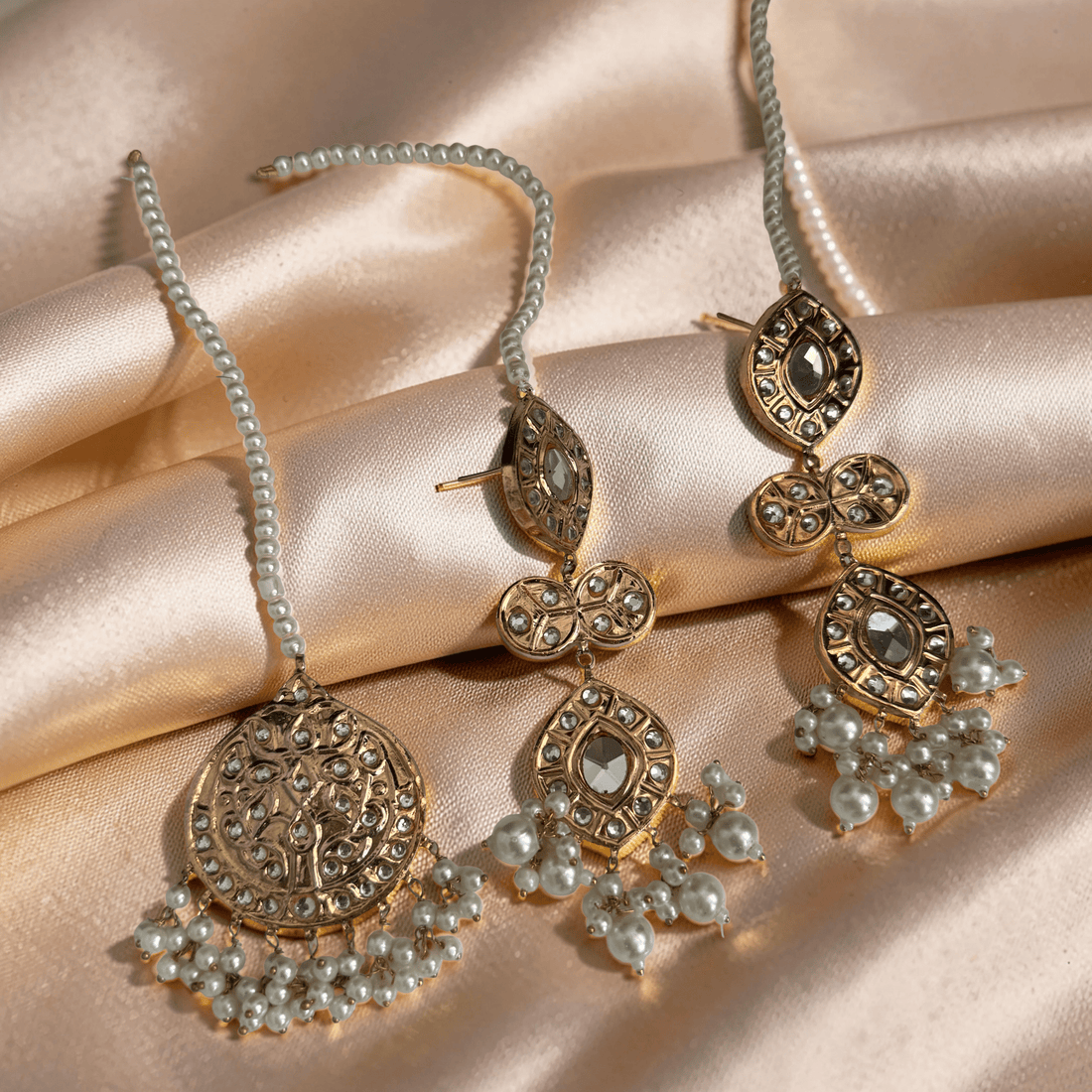 Royal Polki Pearl Bridal Choker Set with Earrings and Maang Tikka - Vinni’s Jewelry