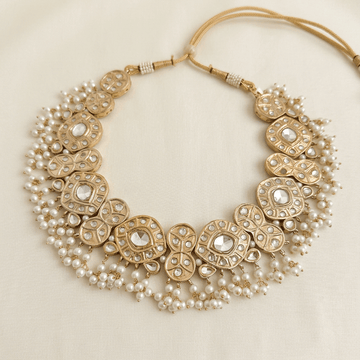 Royal Polki Pearl Bridal Choker Set with Earrings and Maang Tikka - Vinni’s Jewelry