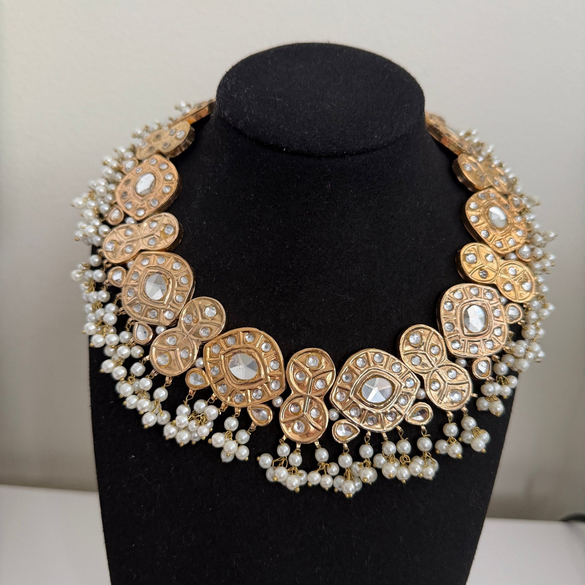 Royal Polki Pearl Bridal Choker Set with Earrings and Maang Tikka - Vinni’s Jewelry
