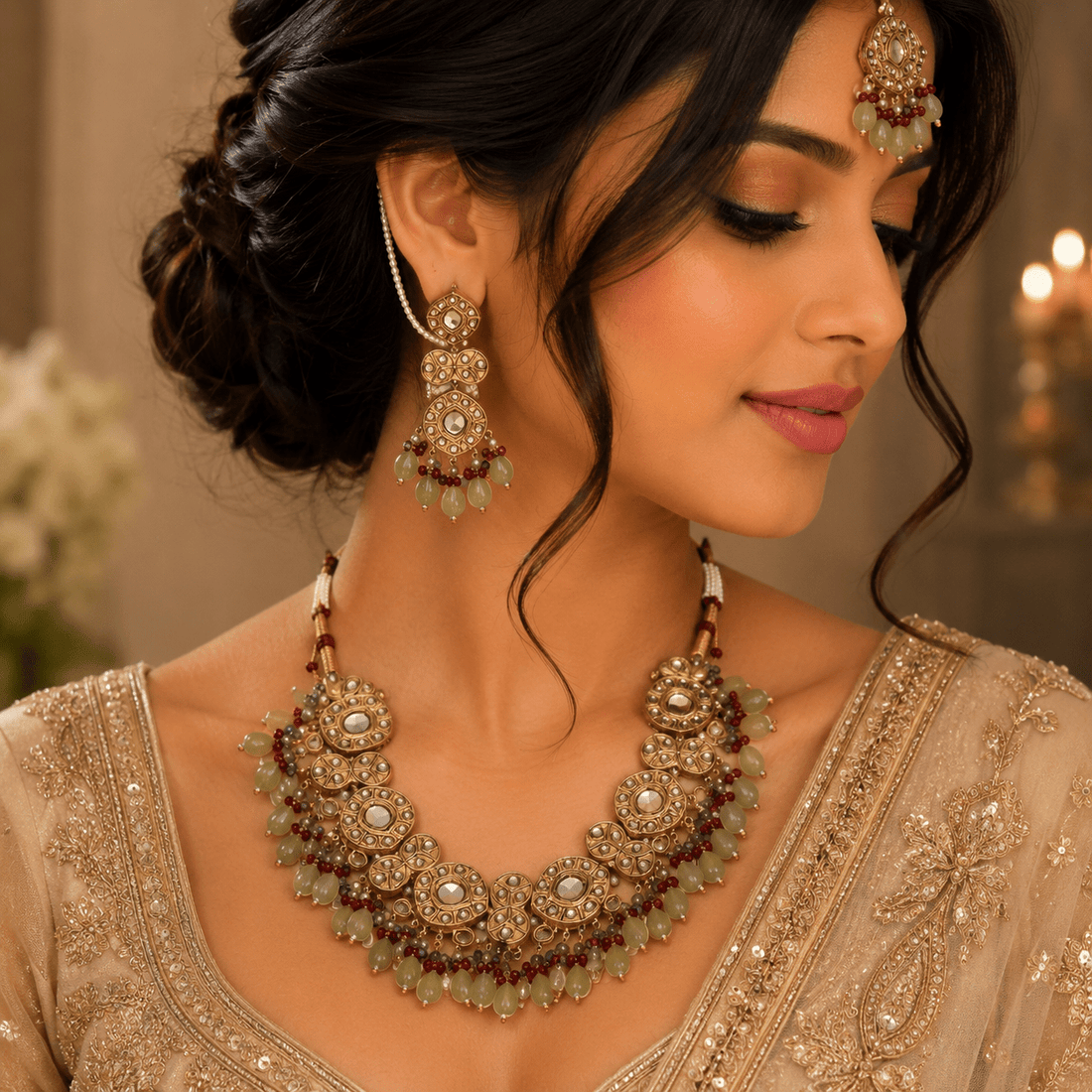 Royal Polki Style Choker Necklace Set - Vinni’s Jewelry