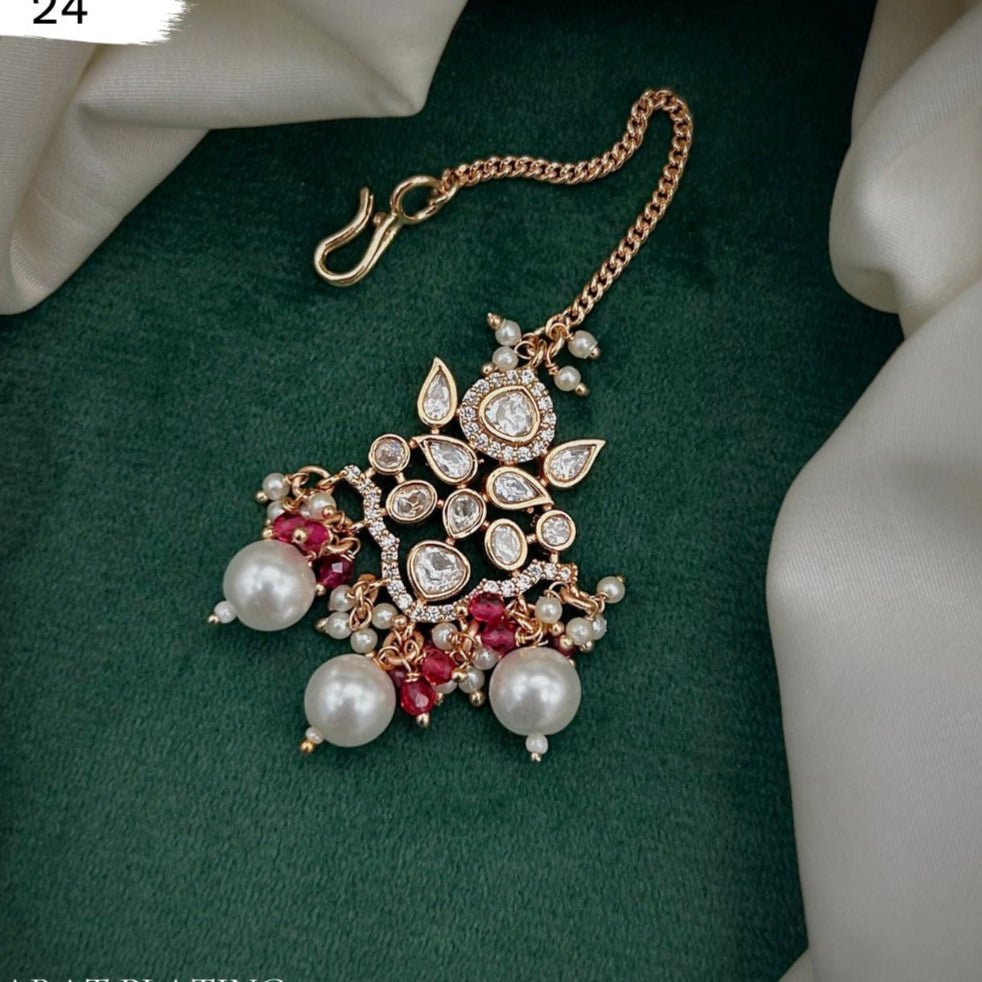Royal Ruby Kundan Matha Patti with Pearls – Bridal Headpiece - Vinni’s Jewelry