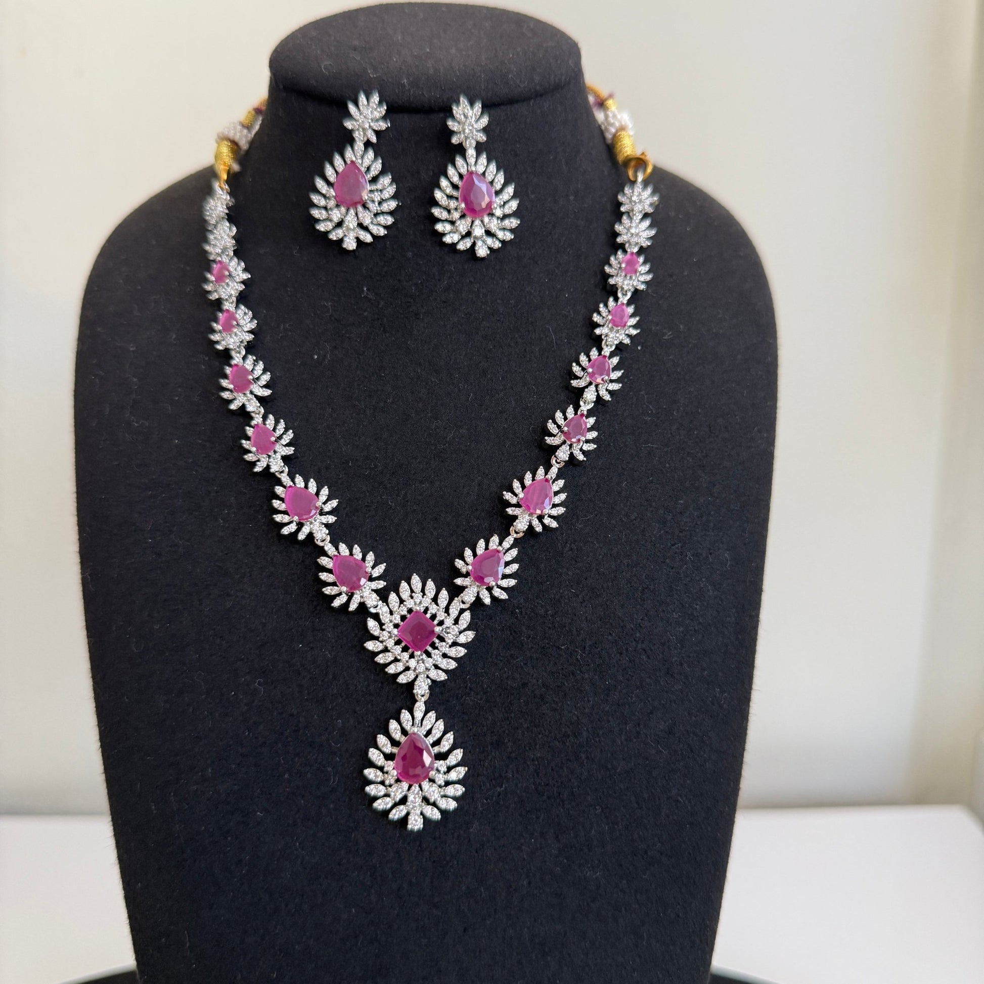 Royal Ruby Teardrop American Diamond Necklace Set - Vinni’s Jewelry