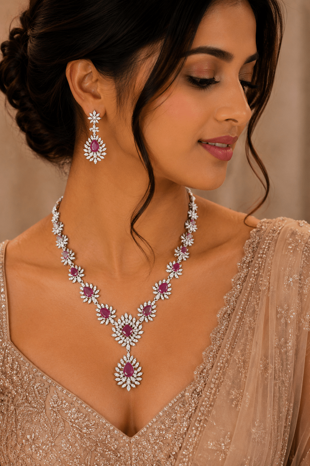 Royal Ruby Teardrop American Diamond Necklace Set - Vinni’s Jewelry
