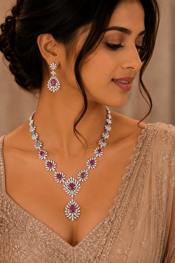 Royal Ruby Teardrop American Diamond Necklace Set - Vinni’s Jewelry