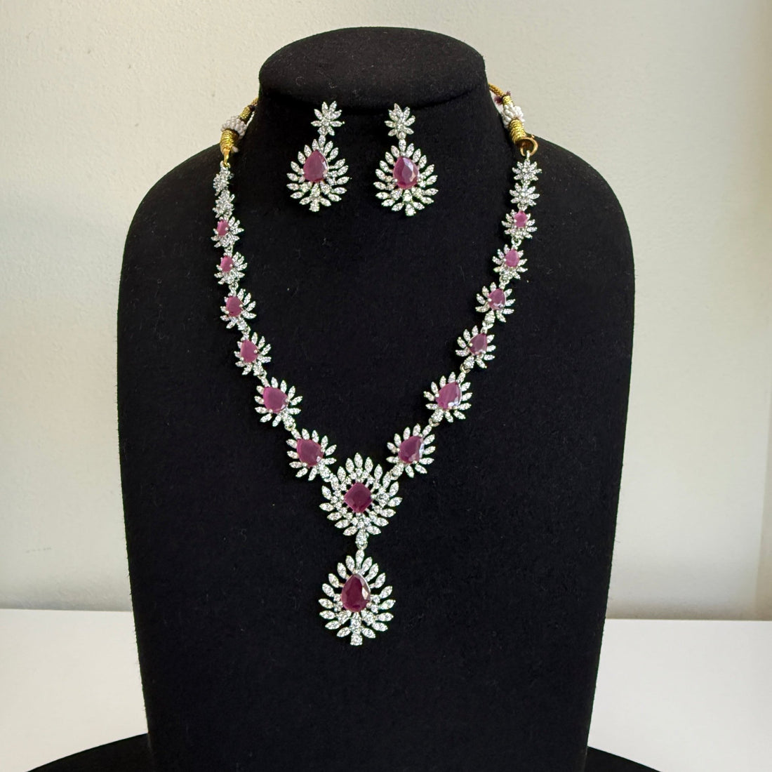 Royal Ruby Teardrop American Diamond Necklace Set - Vinni’s Jewelry