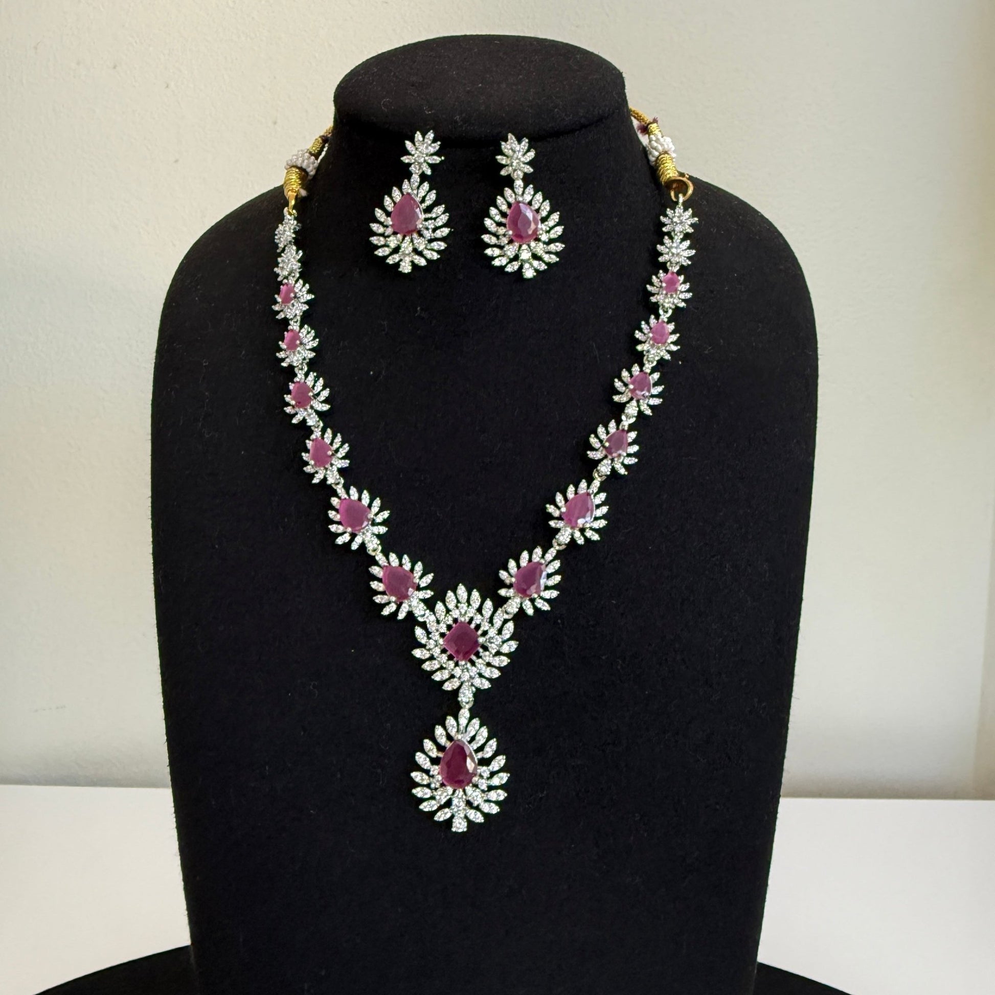 Royal Ruby Teardrop American Diamond Necklace Set - Vinni’s Jewelry
