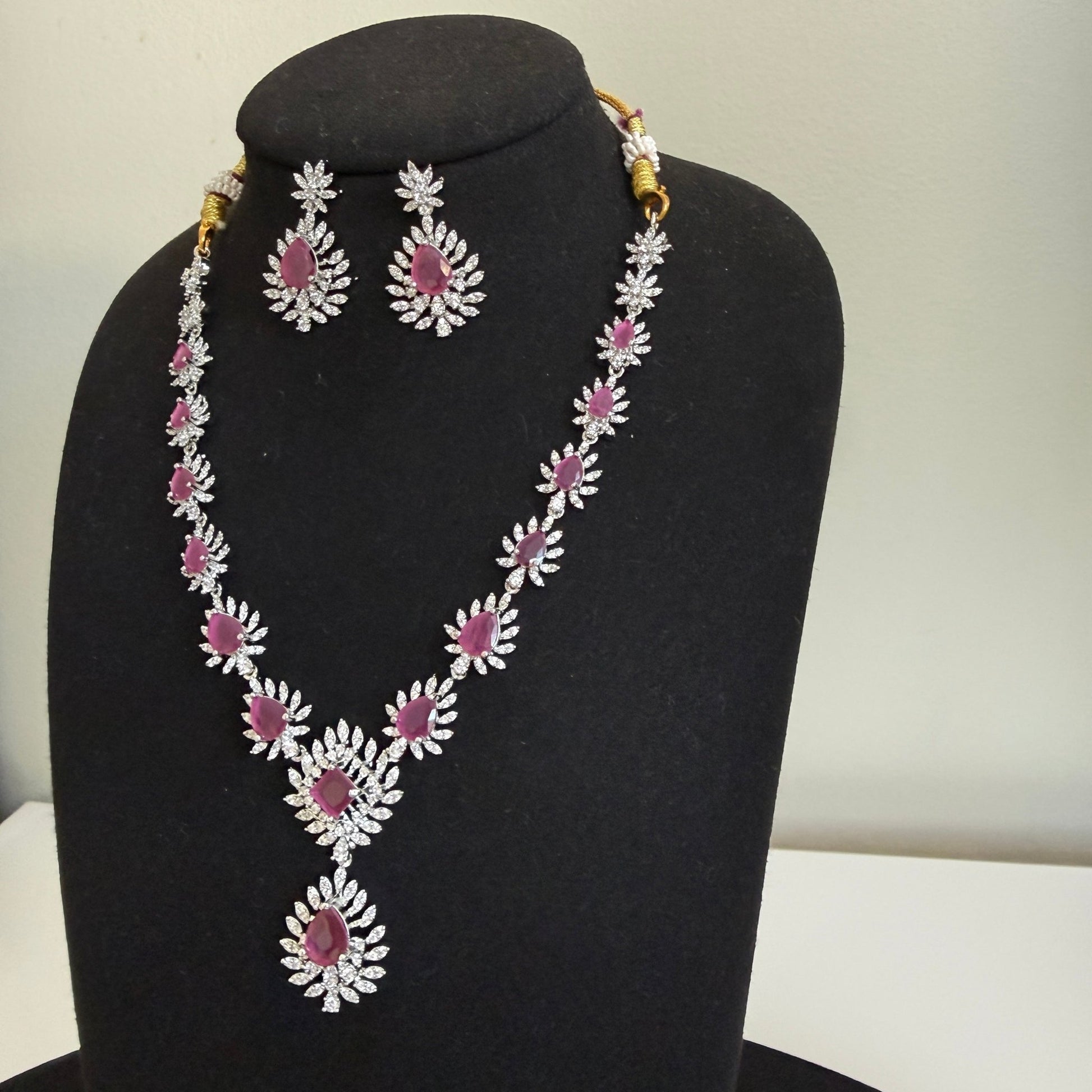 Royal Ruby Teardrop American Diamond Necklace Set - Vinni’s Jewelry