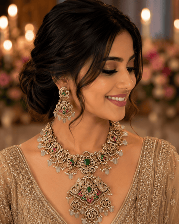 Rudhra Temple Kundan Necklace Set – South Indian Bridal Jewelry with Ruby & Emerald Stones - Vinni’s Jewelry
