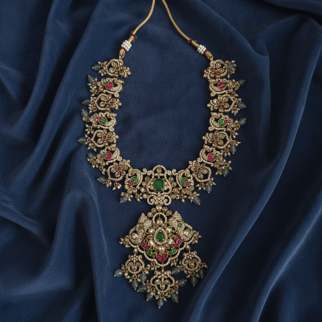 Rudhra Temple Kundan Necklace Set – South Indian Bridal Jewelry with Ruby & Emerald Stones - Vinni’s Jewelry