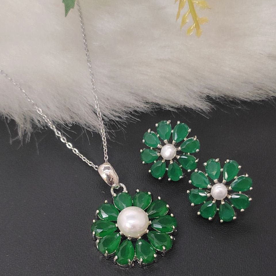 Silver Bloom Pearl Pendant Set – Green CZ Floral Jewelry - Vinni’s Jewelry