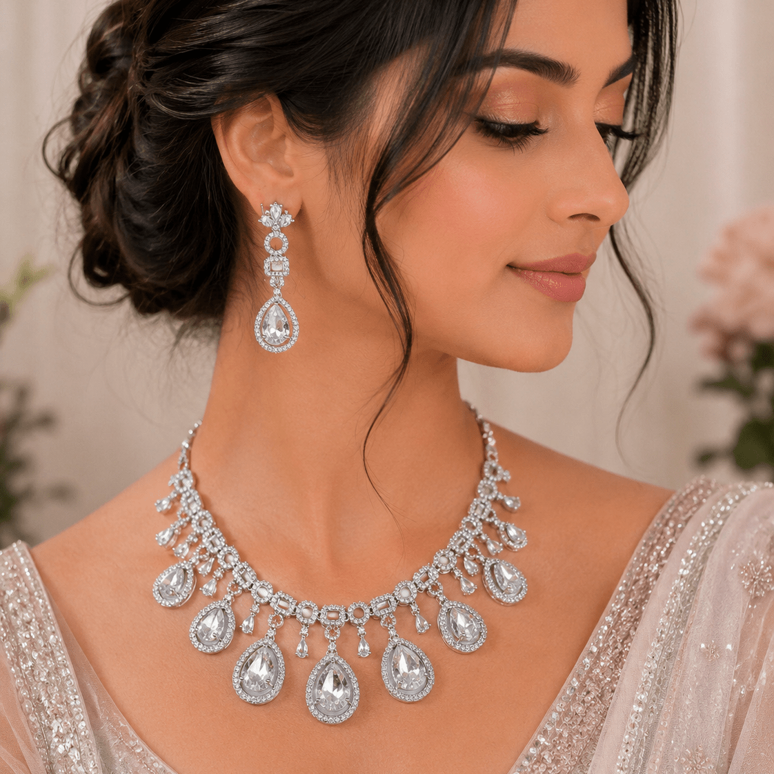 Stellar Ice Drop CZ Necklace Set – American Diamond Elegance - Vinni’s Jewelry