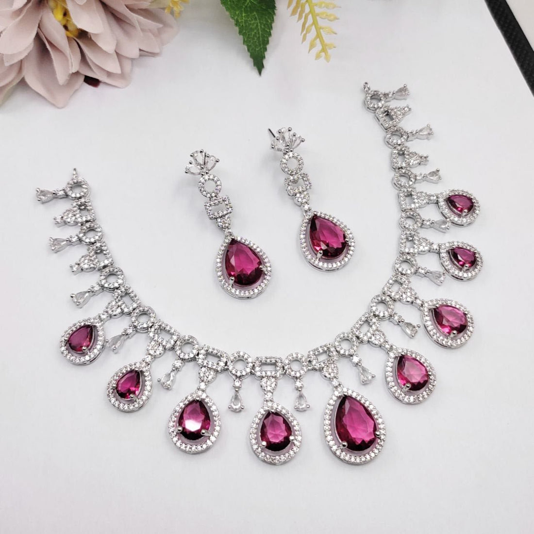 Stellar Ruby Drop CZ Necklace Set – American Diamond Partywear - Vinni’s Jewelry