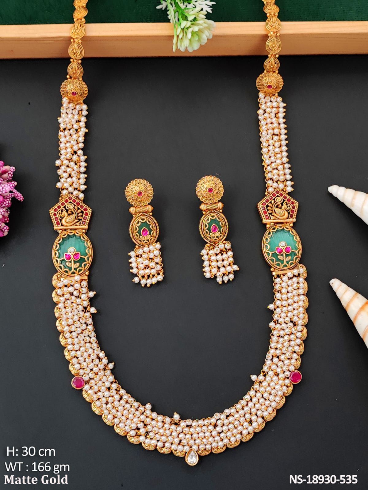 Temple Pearl Long Necklace with Matte Gold Finish - Vinni’s Jewelry