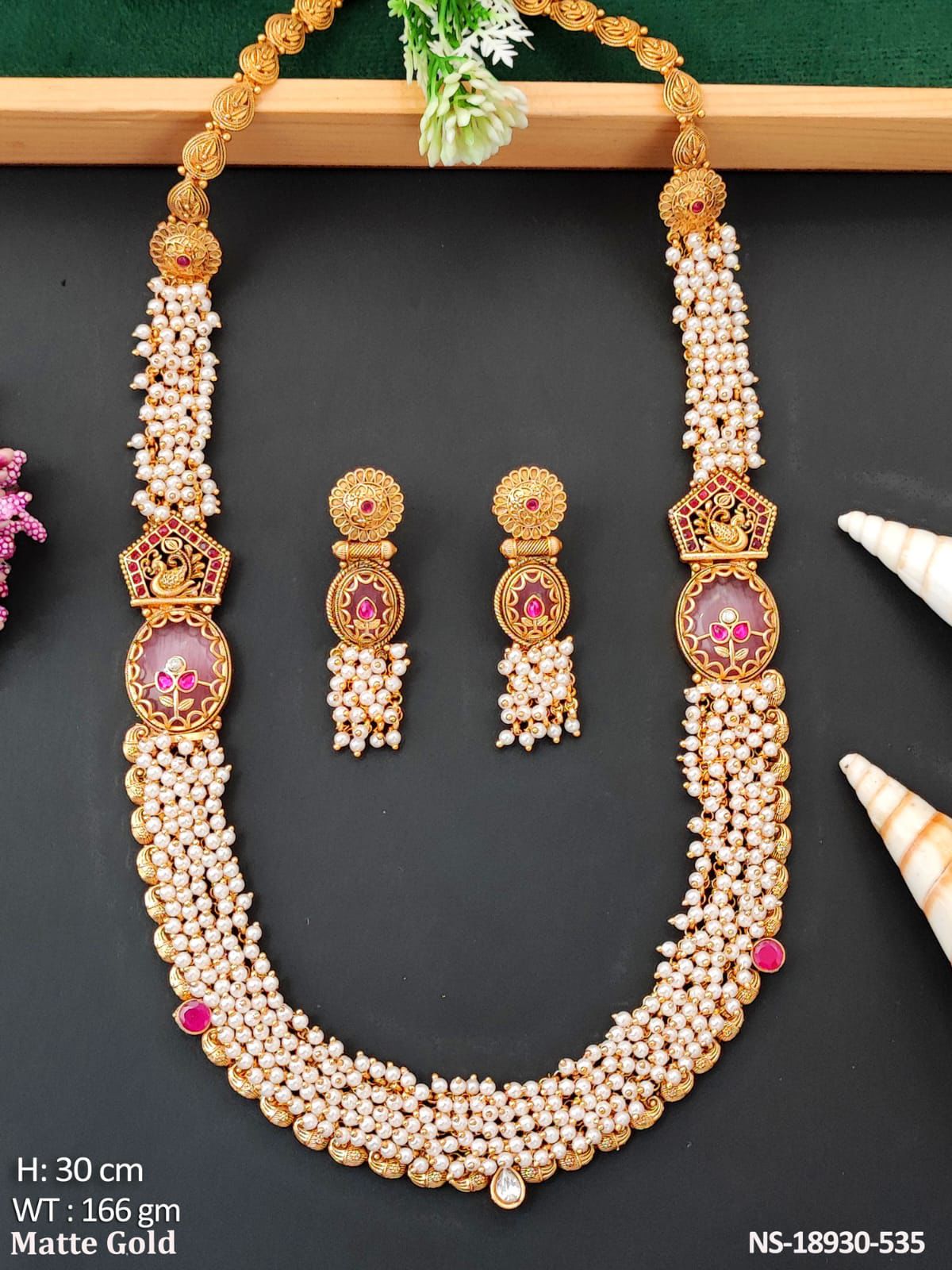 Temple Pearl Long Necklace with Matte Gold Finish - Vinni’s Jewelry