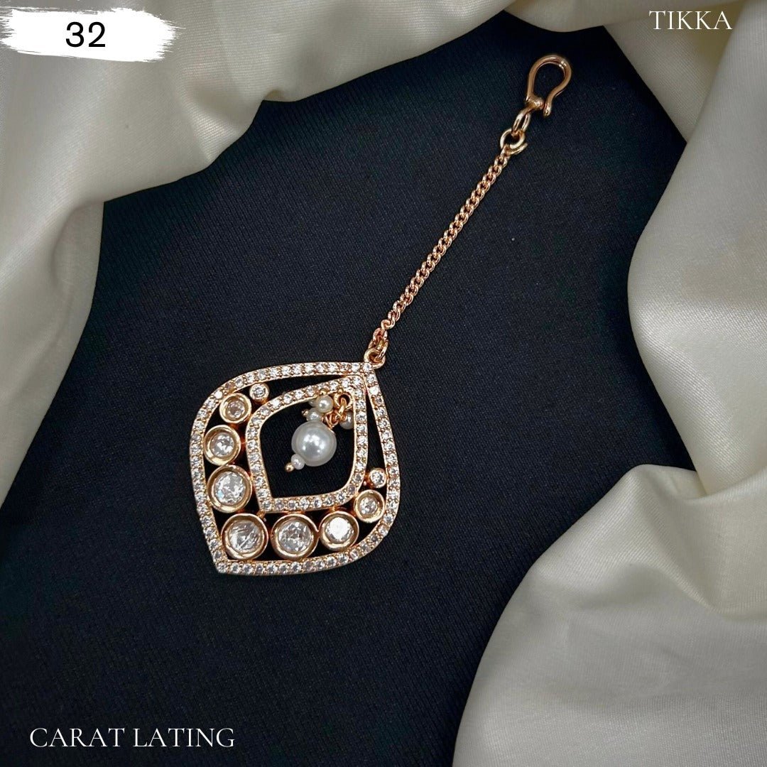 Zehra Teardrop Kundan Tikka with Pearl Charm – Gold - Plated Head Jewelry - Vinni’s Jewelry