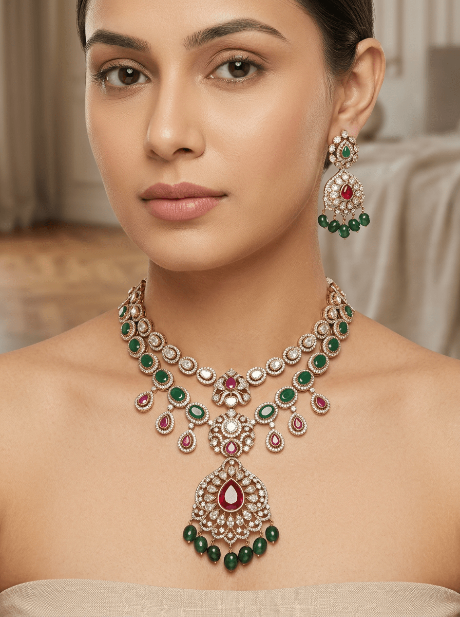 Zoya Emerald Royale Necklace Set | Polki Bridal Jewelry Set - Vinni’s Jewelry