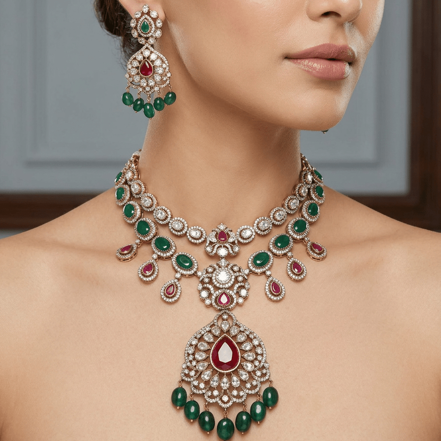Zoya Emerald Royale Necklace Set | Polki Bridal Jewelry Set - Vinni’s Jewelry