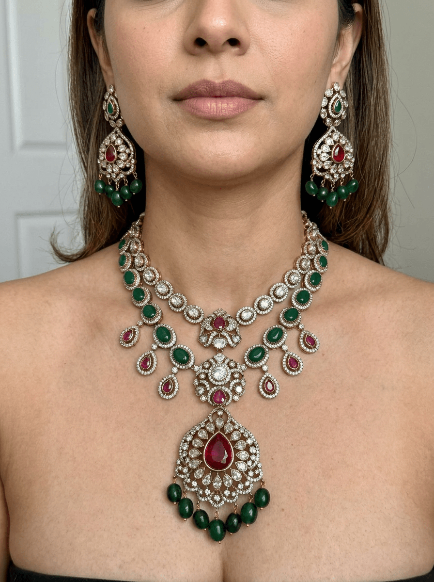 Zoya Emerald Royale Necklace Set | Polki Bridal Jewelry Set - Vinni’s Jewelry
